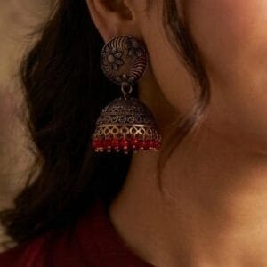 antique-gold-floral-jhumkas-with-ruby-red-beads